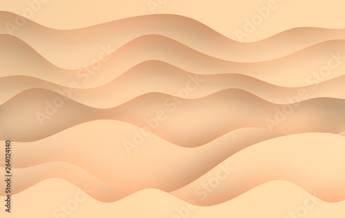 Beige paper art cartoon abstract waves, holes. Paper carve background. Modern origami design template. 3d rendering illustration.