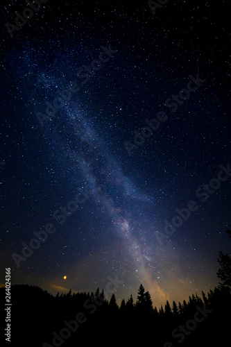 colorful milky way with mars and tree silhouette in the austrian alps in winter