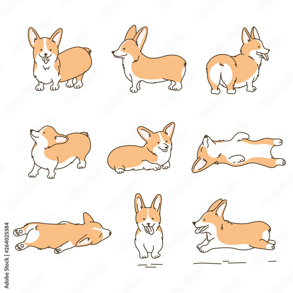 Doodle Hand Drawn Characters Welsh Corgi Dog Set Doodle Hand Drawn Characters Welsh Corgi Dog Set