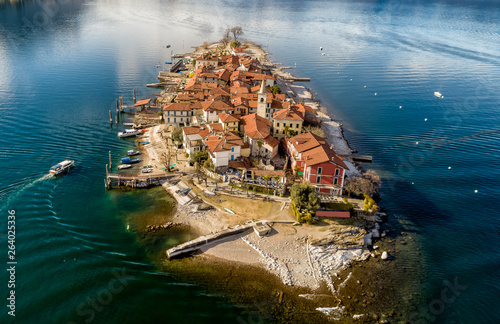 Aerial view of Fishermens Island or Isola dei Pescatori at Lake Maggiore, is one of the Borromean Islands in Piedmont of north Italy, Stresa, Verbania