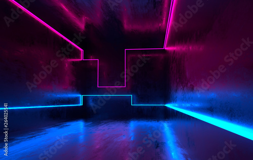 Futuristic sci-fi concrete room with glowing neon. Virtual reality portal, vibrant colors, laser energy source. Blue and pink neon lights