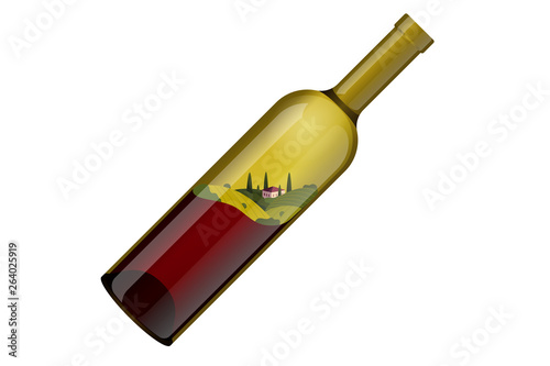 Wine bottle tilted inside splash stylized romantic rural landscape in sunny day with villa, vineyard fields, plantation hills, farms, meadows and trees. Vector color 3d illustration creative