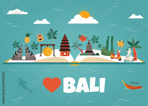 Bali travel banner with famous landmarks.