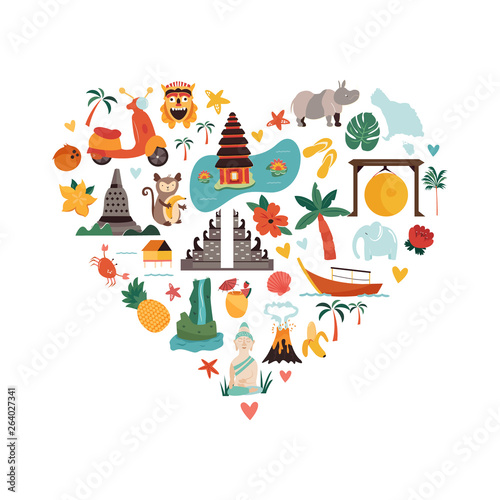 Cartoon illustration with Bali landmarks, symbols