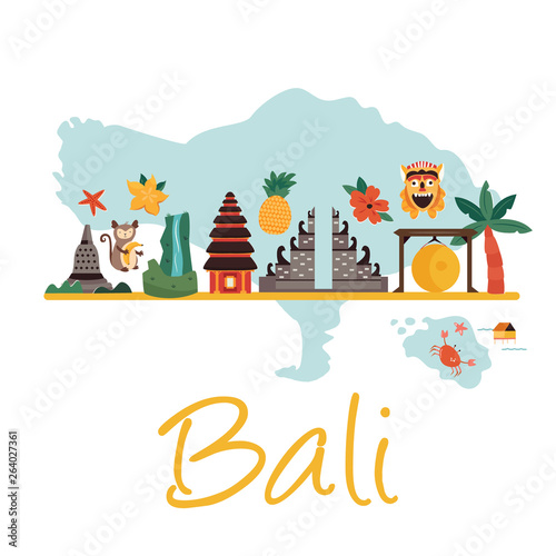 Cartoon illustration with Bali landmarks, symbols