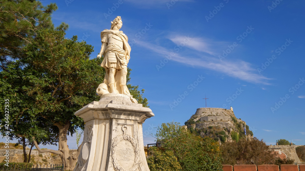 Statue of General Schulenburg and Old Fortress, Corfu Town, Corfu Island, Greece