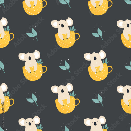 Seamless pattern Cute hand drawn koals in tea cups
