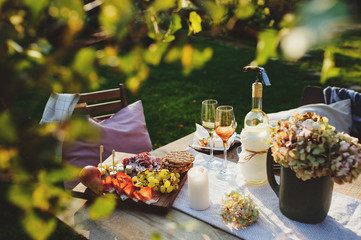 summer outdoor party table with white wine, cheese and ham plate with fruits. Garden festive table.