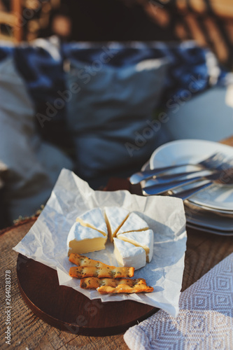 camembert cheese with bread sticks served on summer outdoor garden party © mashiki