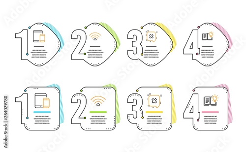 Mobile devices, Wifi and Reject icons simple set. Product knowledge sign. Smartphone with tablet, Wi-fi internet, Delete message. Education process. Business set. Infographic timeline. Vector