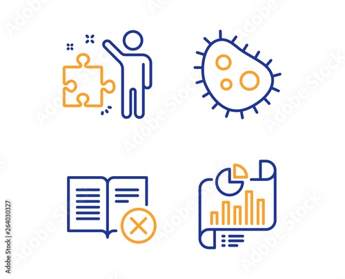 Bacteria, Strategy and Reject book icons simple set. Report document sign. Antibacterial, Business plan, Delete article. Growth chart. Business set. Linear bacteria icon. Colorful design set. Vector