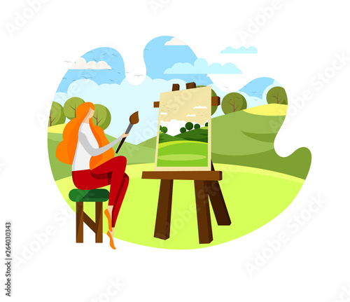 Female Artist Sitting on Chair in Front of Easel.