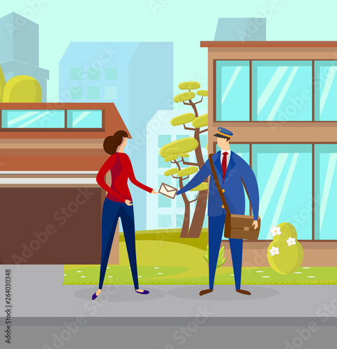 Postman in Uniform Suit Giving Envelope to Woman.