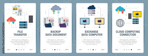 Vector set of vertical web banners with file transfer, backup data document, exchange data computer and cloud computing.Vector banner template for website and mobile app development with icon set.