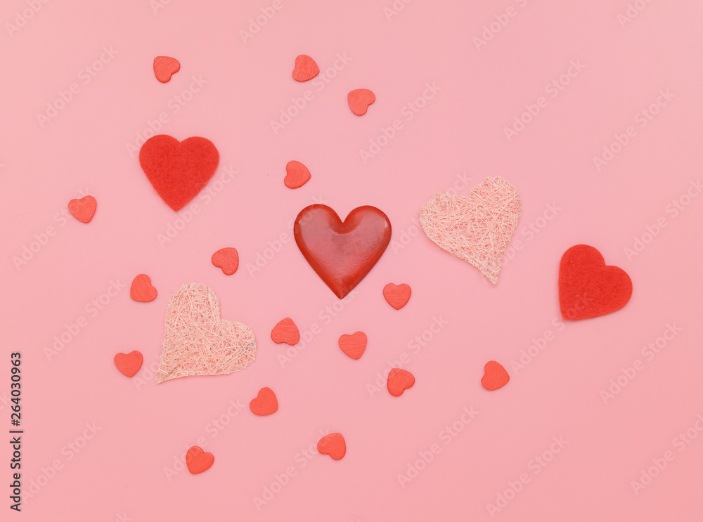 Pattern made of hearts on pink background. Flat lay, top view