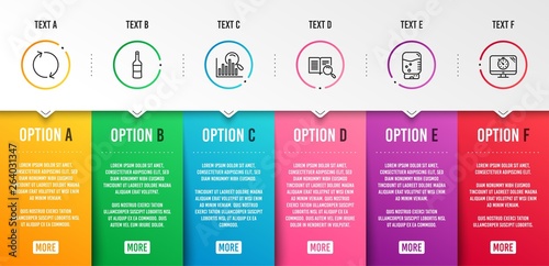 Search, Water cooler and Search text icons simple set. Wine, Refresh and Seo timer signs. Analytics, Office drink. Business set. Infographic template. 6 steps timeline. Business options. Vector