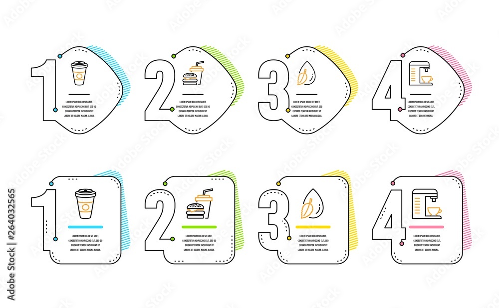 Water drop, Takeaway coffee and Hamburger icons simple set. Coffee machine sign. Mint leaf, Hot latte drink, Burger with drink. Cappuccino machine. Food and drink set. Infographic timeline. Vector Water drop, Takeaway coffee and Hamburger icons simple set. Coffee machine sign. Mint leaf, Hot latte drink, Burger with drink. Cappuccino machine. Food and drink set. Infographic timeline. Vector