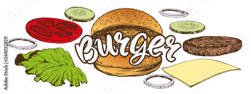 big burger, hamburger hand drawn vector illustration realistic sketch