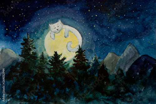 full moon and stars with a magical cat, fantasy watercolor painting © Tucha