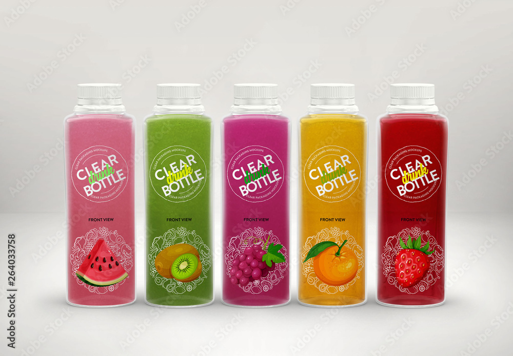 Set of 5 Clear Juice Bottles Packaging Mockup Stock Template | Adobe Stock