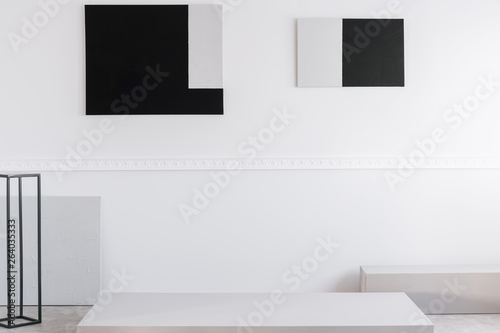 Copy space on white wall of bright interior with geometric paintings