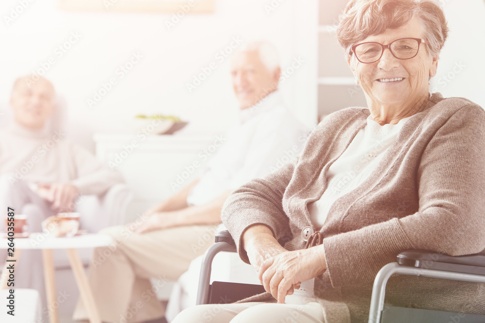 Fototapeta premium Smiling grandmother in the wheelchair in the nursing house and senior people