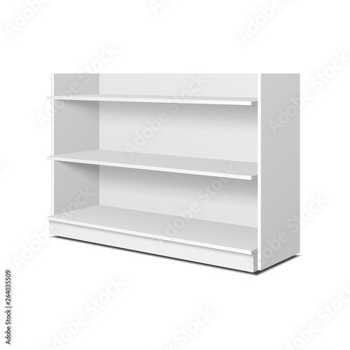 Blank Empty Showcase Display With Retail Shelves. 3D. Side View. Mock Up, Template. Illustration Isolated On White Background. Ready For Your Design. Product Advertising. Vector EPS10