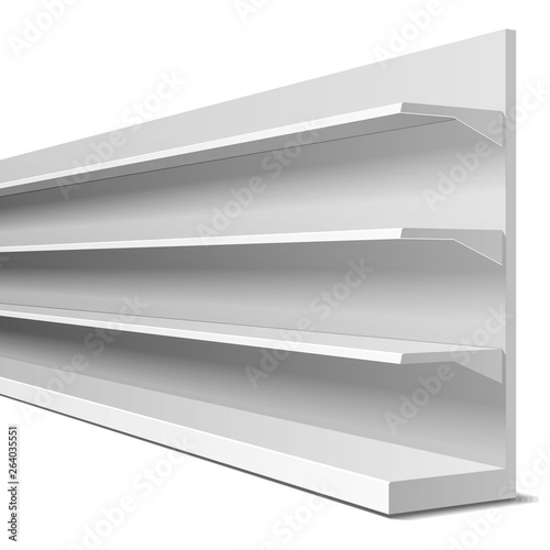 Blank Empty Showcase Display With Retail Shelves. 3D. Side View. Mock Up, Template. Illustration Isolated On White Background. Ready For Your Design. Product Advertising. Vector EPS10