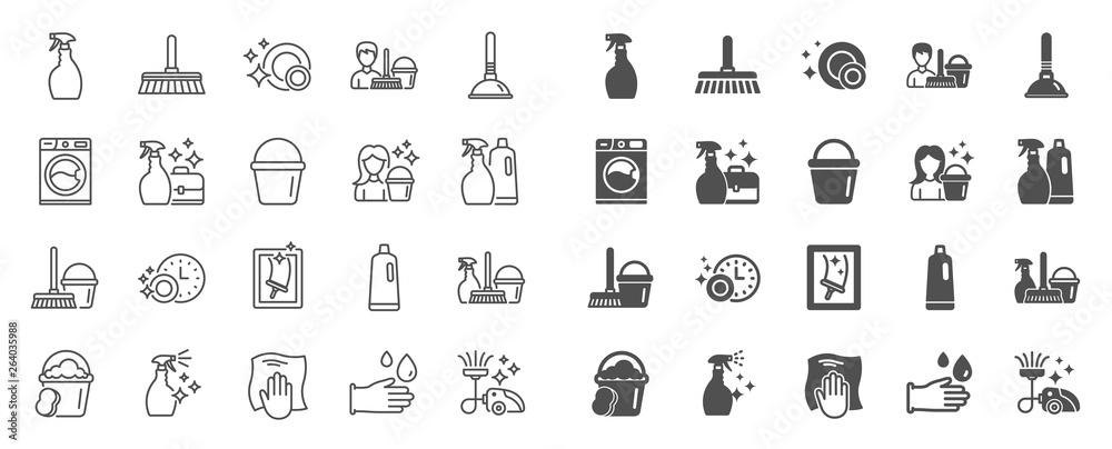 Cleaning line icons. Laundry, Window sponge and Vacuum cleaner icons. Washing machine, Housekeeping service and Maid cleaner equipment. Window cleaning, Wipe off, laundry washing machine. Vector