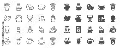 Coffee and Tea line icons. Set of Cappuccino, Juice with ice and Latte coffee cup icons. Teapot, Coffeepot and Hot drink with Steam. Mint leaf tea, Herbal beverage and Vending. Hot latte cup. Vector
