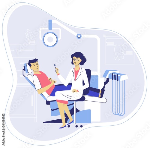 Medicine dental concept. Dentist in dentistry office. Young doctor woman and patient man in dental chair in hospital. Checkup and teeth medical examination.