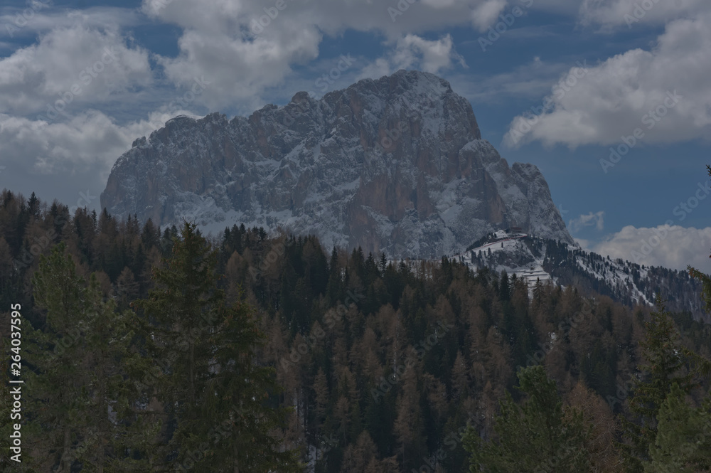 Langkofel Dolomites, alp mountain in wolkenstein on a sunny winter day