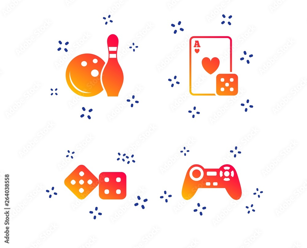 Bowling and Casino icons. Video game joystick and playing card with dice symbols. Entertainment signs. Random dynamic shapes. Gradient joystick icon. Vector