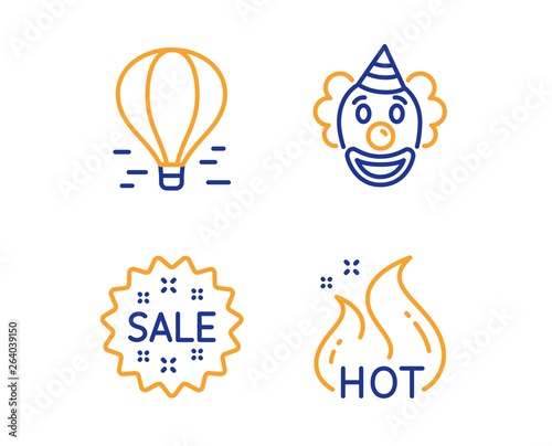 Clown, Sale and Air balloon icons simple set. Hot sale sign. Funny performance, Shopping star, Flight travel. Shopping flame. Holidays set. Linear clown icon. Colorful design set. Vector