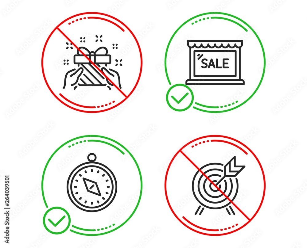Obraz premium Do or Stop. Gift, Travel compass and Sale icons simple set. Archery sign. Present, Trip destination, Shopping store. Attraction park. Holidays set. Line gift do icon. Prohibited ban stop. Good or bad