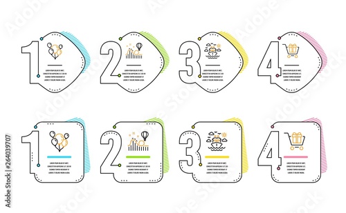 Balloons, Ship travel and Roller coaster icons simple set. Shopping cart sign. Air balloons, Cruise transport, Attraction park. Gift box. Holidays set. Infographic timeline. Line balloons icon