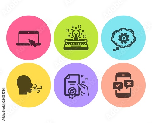 Cogwheel, Certificate and Breathing exercise icons simple set. Portable computer, Typewriter and Phone survey signs. Engineering tool, Certified guarantee. Business set. Flat cogwheel icon. Vector