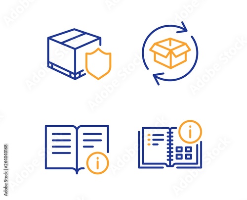 Return parcel, Technical info and Delivery insurance icons simple set. Instruction info sign. Exchange of goods, Documentation, Parcel protection. Project. Industrial set. Linear return parcel icon