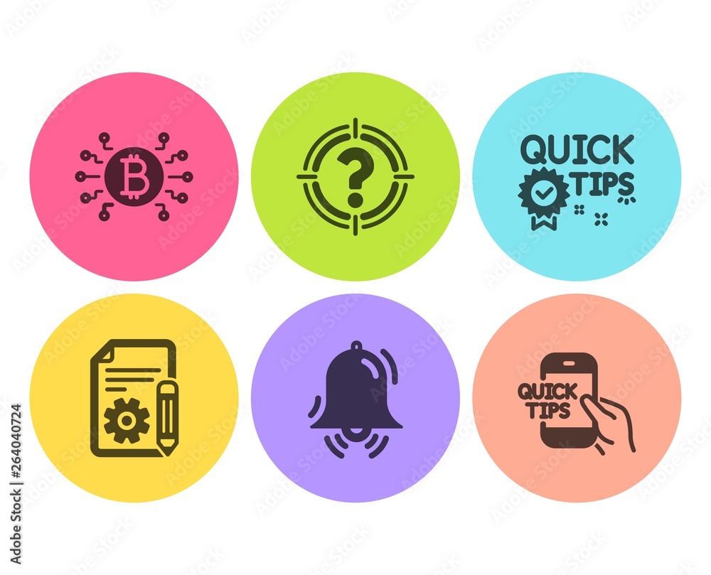 Documentation, Quick tips and Bitcoin system icons simple set. Clock bell, Headhunter and Education signs. Project, Helpful tricks. Business set. Flat documentation icon. Circle button. Vector Documentation, Quick tips and Bitcoin system icons simple set. Clock bell, Headhunter and Education signs. Project, Helpful tricks. Business set. Flat documentation icon. Circle button. Vector