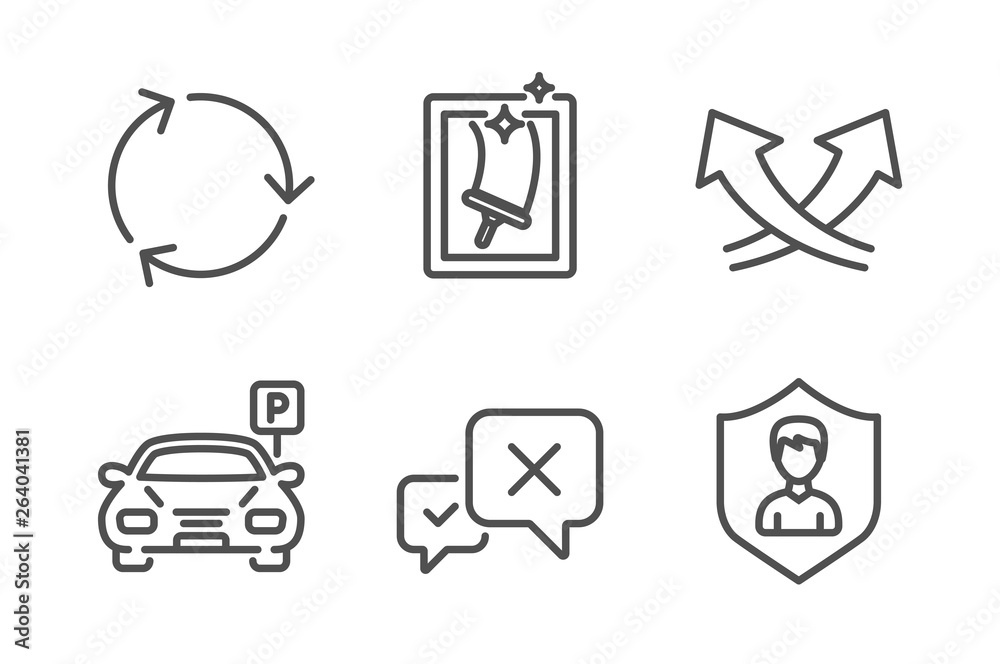 Reject, Window cleaning and Recycling icons simple set. Intersection arrows, Parking and Security agency signs. Delete message, Housekeeping service. Line reject icon. Editable stroke. Vector
