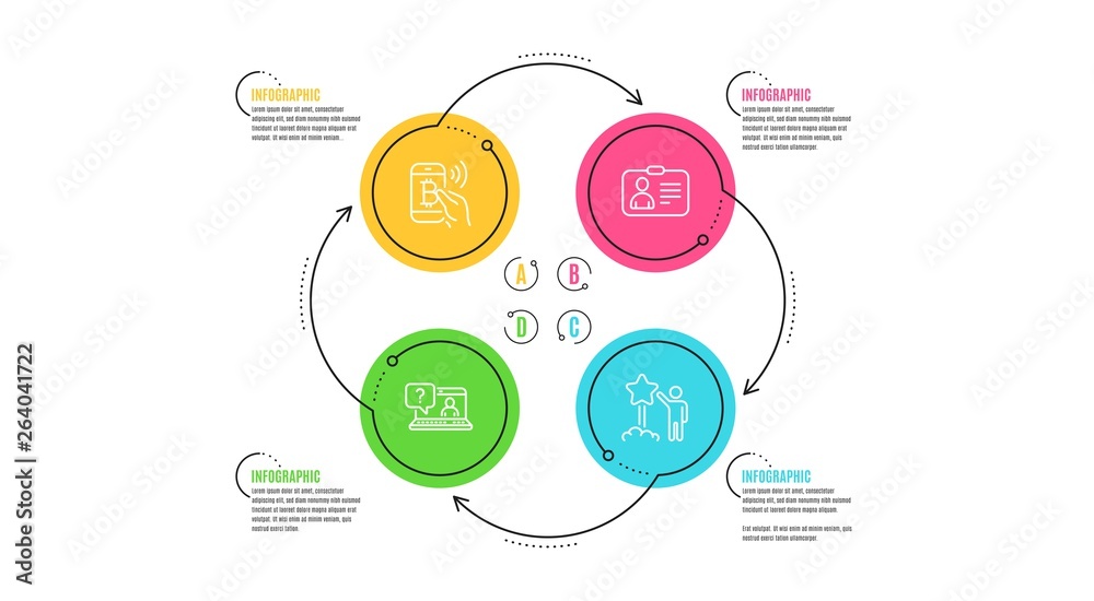 Faq, Bitcoin pay and Id card icons simple set. Infographic timeline. Star sign. Web support, Mobile payment, Human document. Launch rating. People set. Cycle infographic. Vector