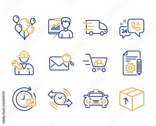 Balloons, 24h service and Timer icons simple set. Documentation, Shopping cart and 24h delivery signs. Search mail, Taxi and Truck delivery symbols. Repairman, Presentation and Package. Vector