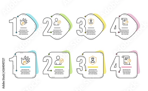 Identity confirmed, Security agency and Social responsibility icons simple set. Report sign. Person validated, People protection, Hand. Work statistics. People set. Infographic timeline. Vector