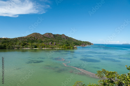 view of the coastline of the Marine National Park of Curieuse island, Seychelles