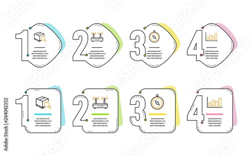 Wifi, Search package and Travel compass icons simple set. Report diagram sign. Internet router, Tracking service, Trip destination. Financial market. Infographic timeline. Line wifi icon. Vector
