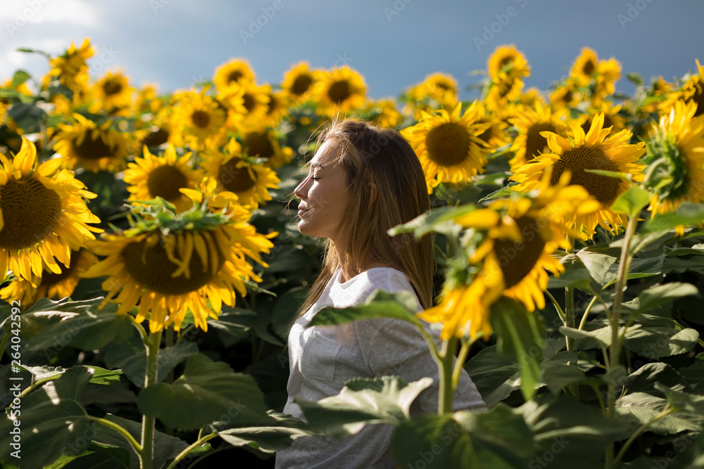 Lonely woman in a sunflower field in summer Lonely woman in a sunflower field in summer