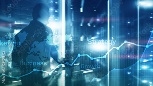 Wallpaper Mural Business abstract background double exposure graph, chart and diagram. World wide map and. Global business and financial trading concept. Torontodigital.ca