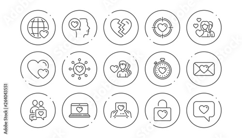 Love line icons. Heart, Valentines day and Relationships. Romantic linear icon set. Line buttons with icon. Editable stroke. Vector