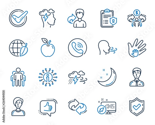 Check mark, Sharing economy and Mindfulness stress, Breath people line icons. Privacy Policy, Social Responsibility, Breath icons. Bad weather, Tick check mark, sharing refer, stress. Vector