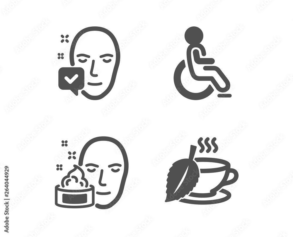 Set of Disabled, Face accepted and Face cream icons. Mint tea sign. Handicapped wheelchair, Access granted, Gel. Mentha beverage. Classic design disabled icon. Flat design. Vector Set of Disabled, Face accepted and Face cream icons. Mint tea sign. Handicapped wheelchair, Access granted, Gel. Mentha beverage. Classic design disabled icon. Flat design. Vector